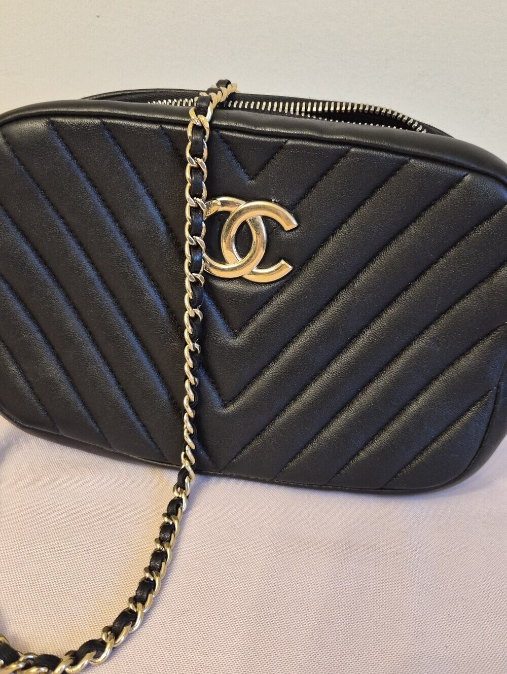 Chanel Chevron Camera Bag – Black Lambskin | 20 Series | Authenticated